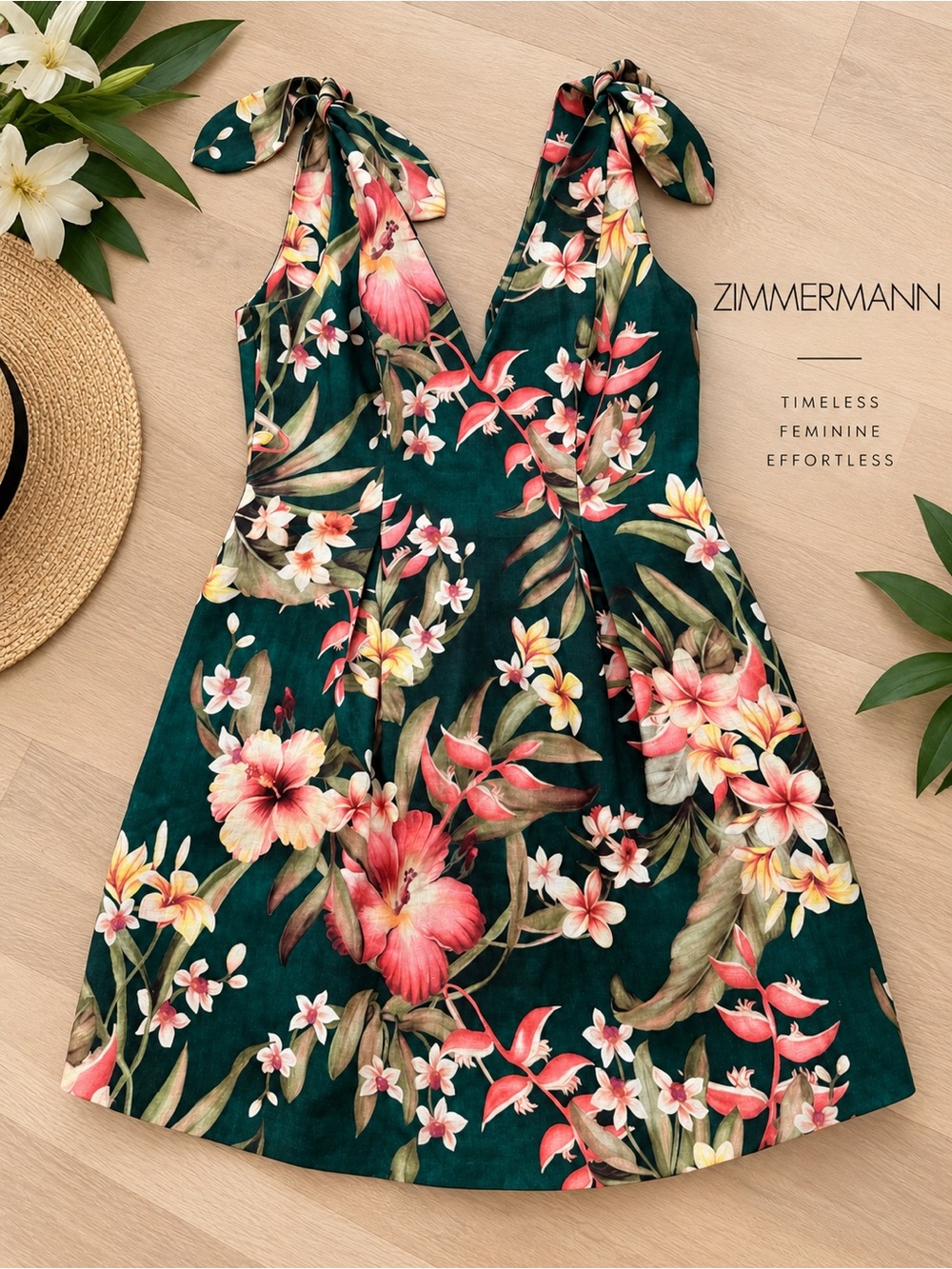 Zimmermann Teal Green Tropical Floral Tie-Shoulder Midi Dress
